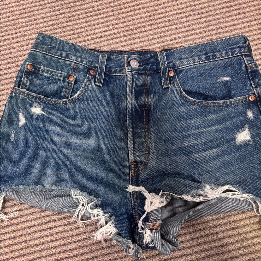 Levi's 501 Blue Frayed Hem Jean Shorts